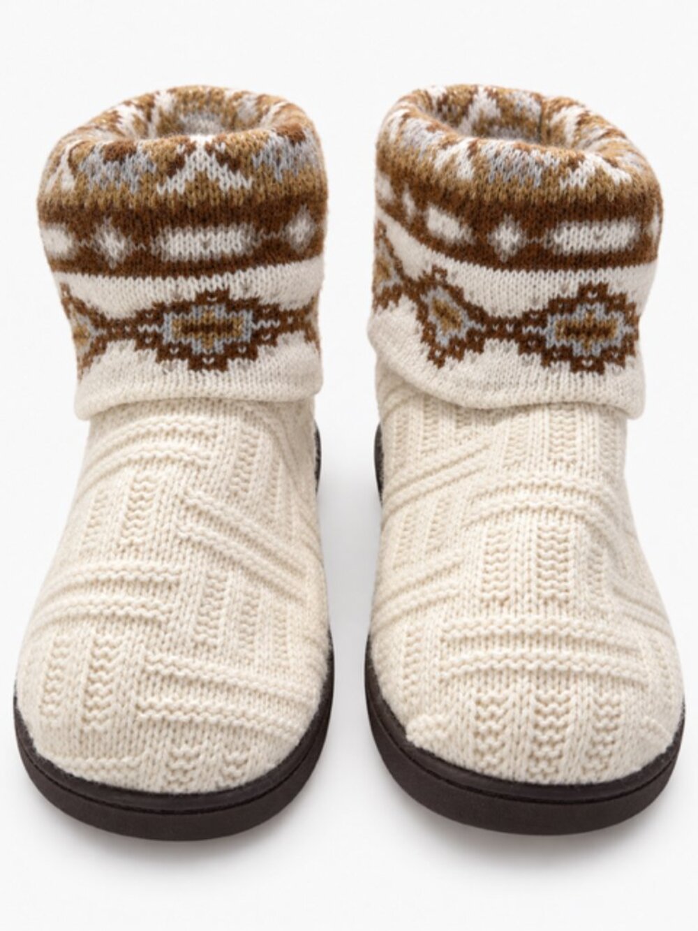 MUK LUKS Knit Slipper Boots M 7-8 Fair Isle Cozy Cabin Cottagecore Winter